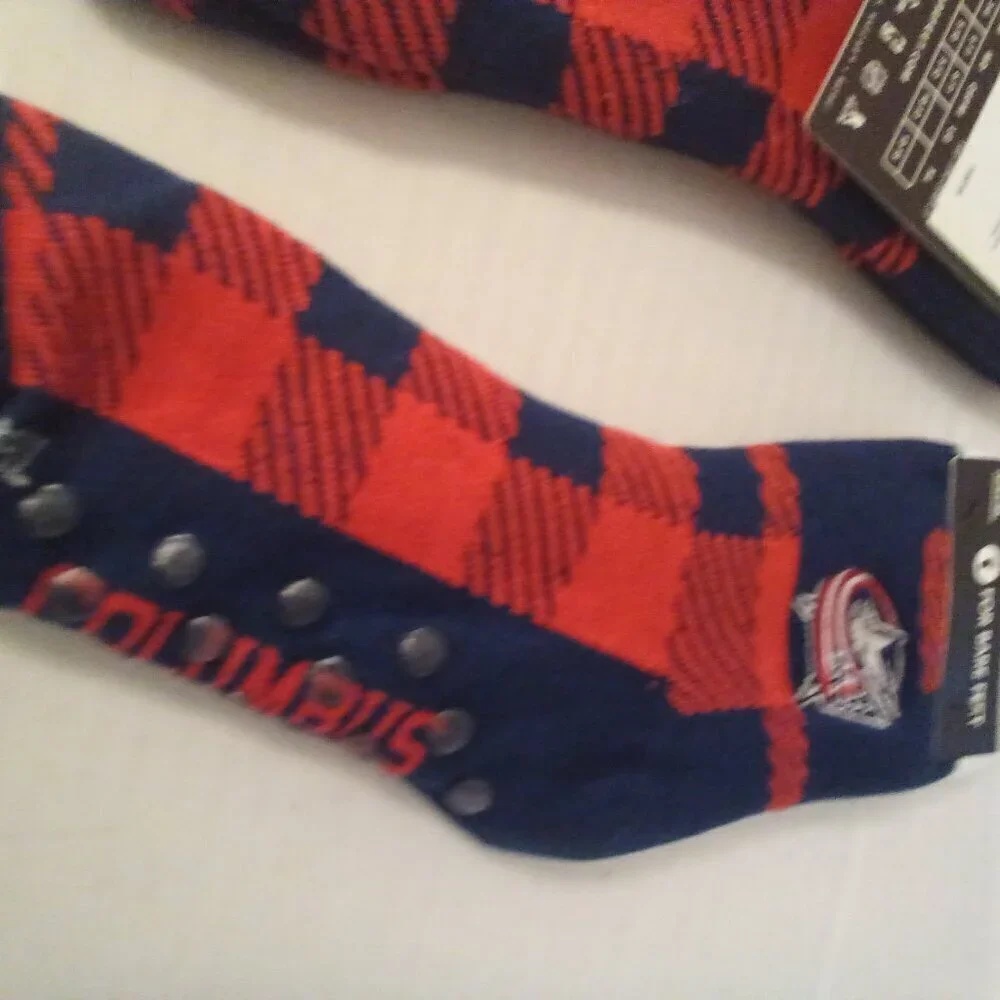 NHL Columbus Blue Jackets 2 Socks OSFM One Size For Bare Feet Plaid Red Blue